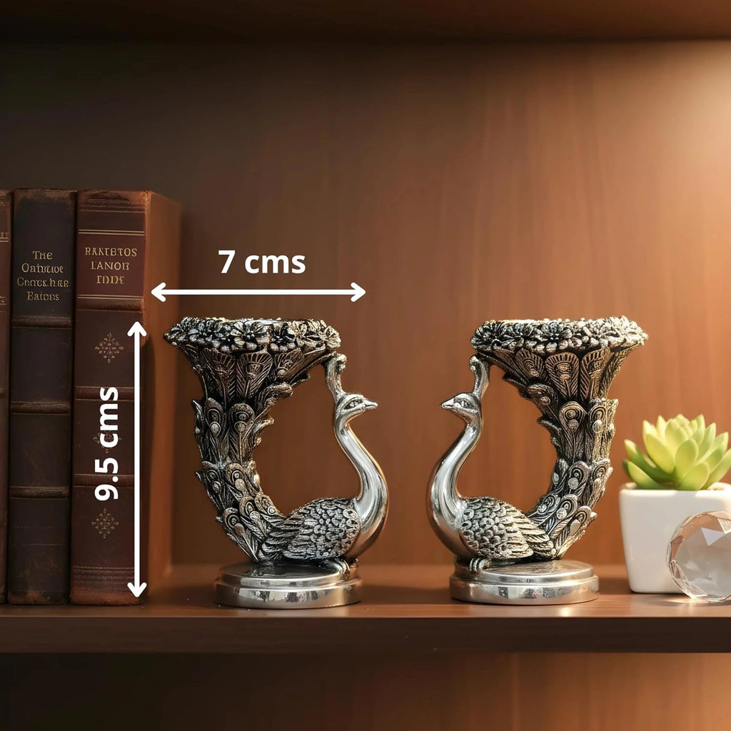 Pair of decorative silver peacock bookends on wooden shelf with books and succulent pot