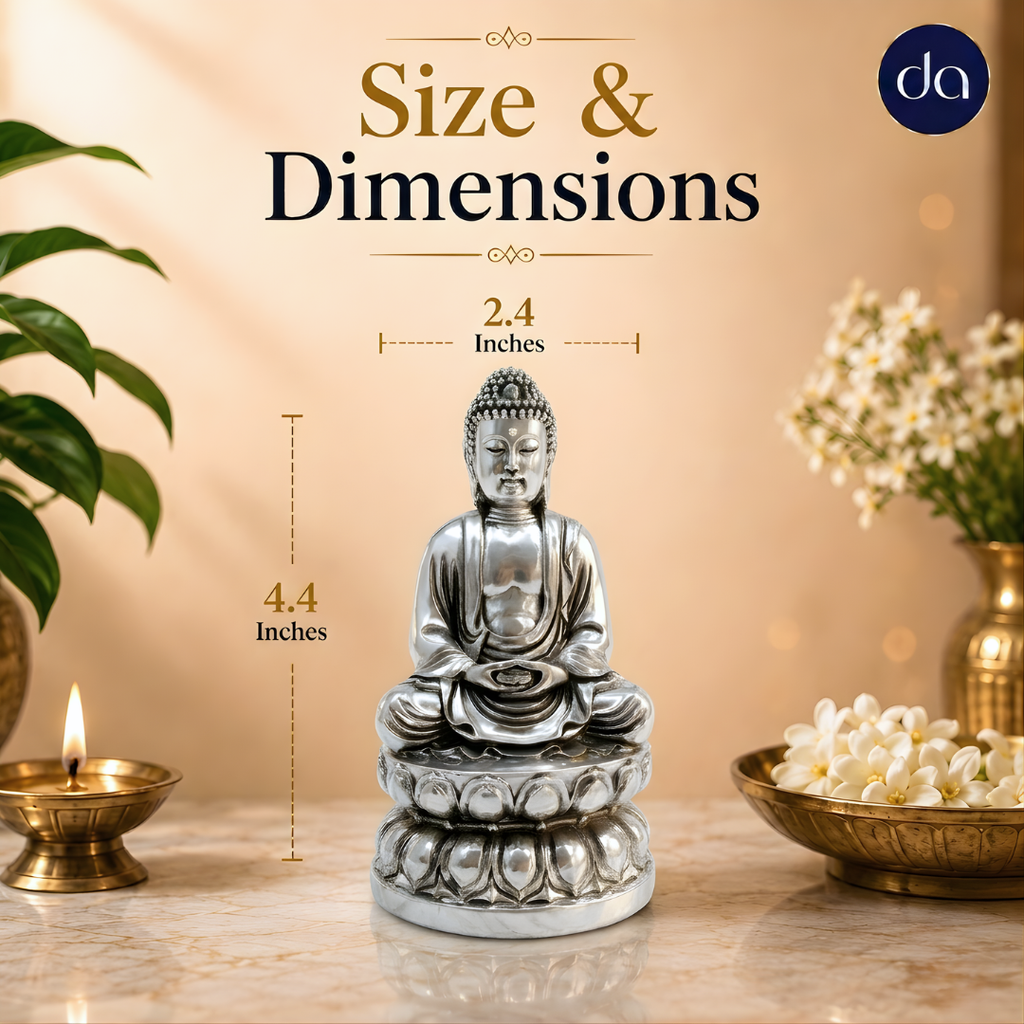 Buddha silver-plated idol size chart: 2.4 inches wide and 4.4 inches tall beside diya