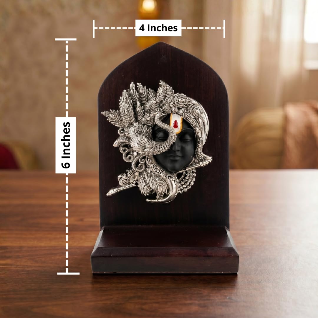 Silver Plated Shringar Krishna Face Idol with Wooden Base – 6 Inch Secondary image