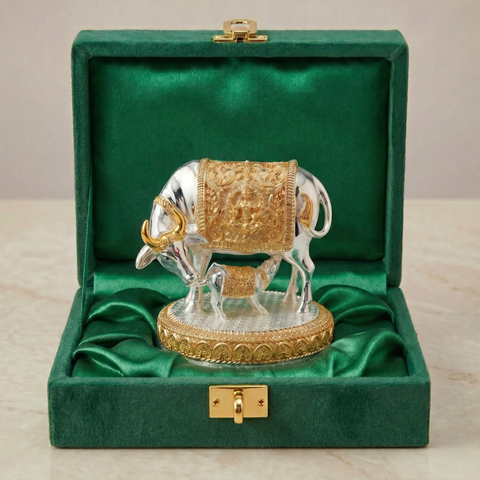 Gold and silver Kamdhenu cow idol seated on satin inside a green velvet box #common