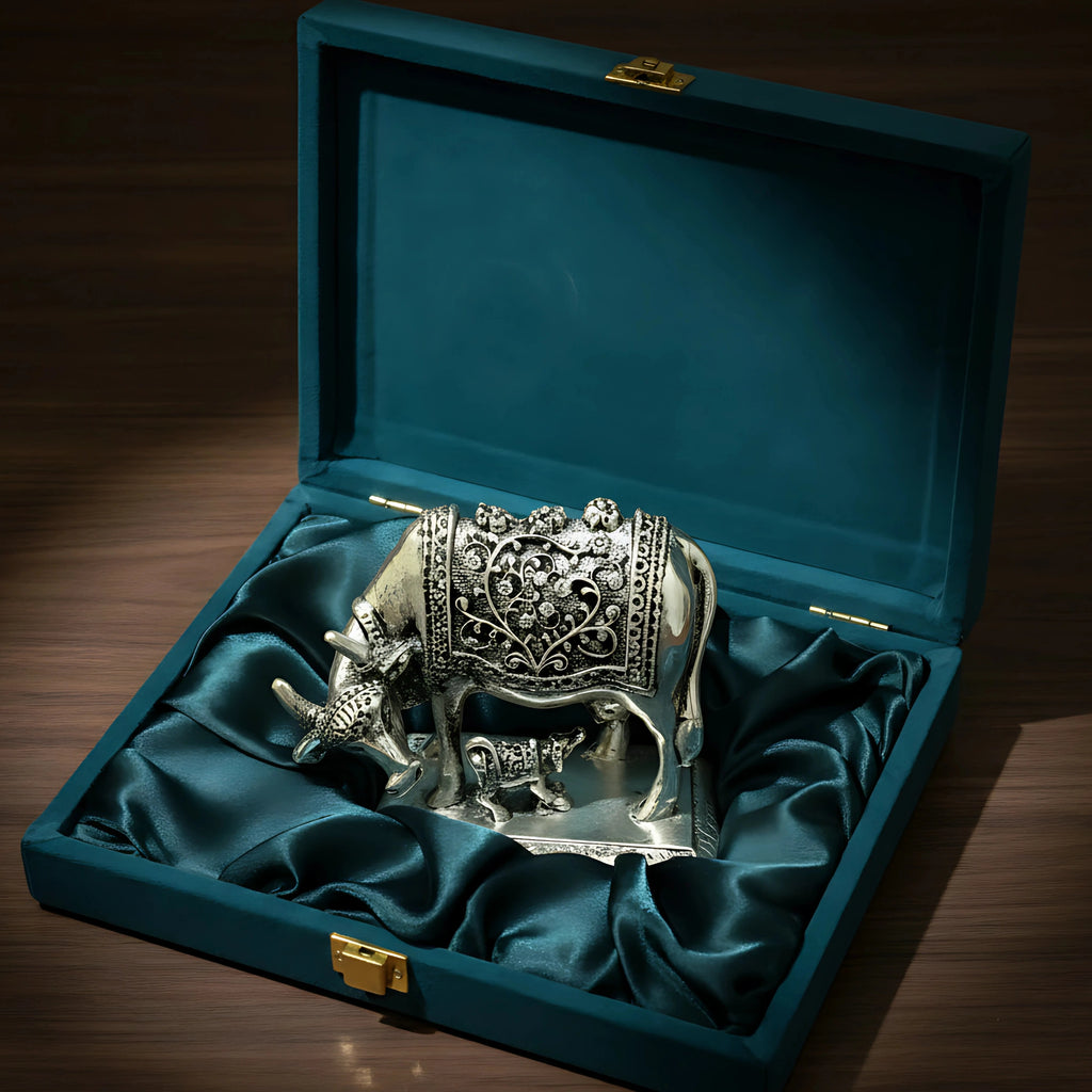 Ornate silver cow and calf figurine in a teal velvet-lined gift box on wooden surface