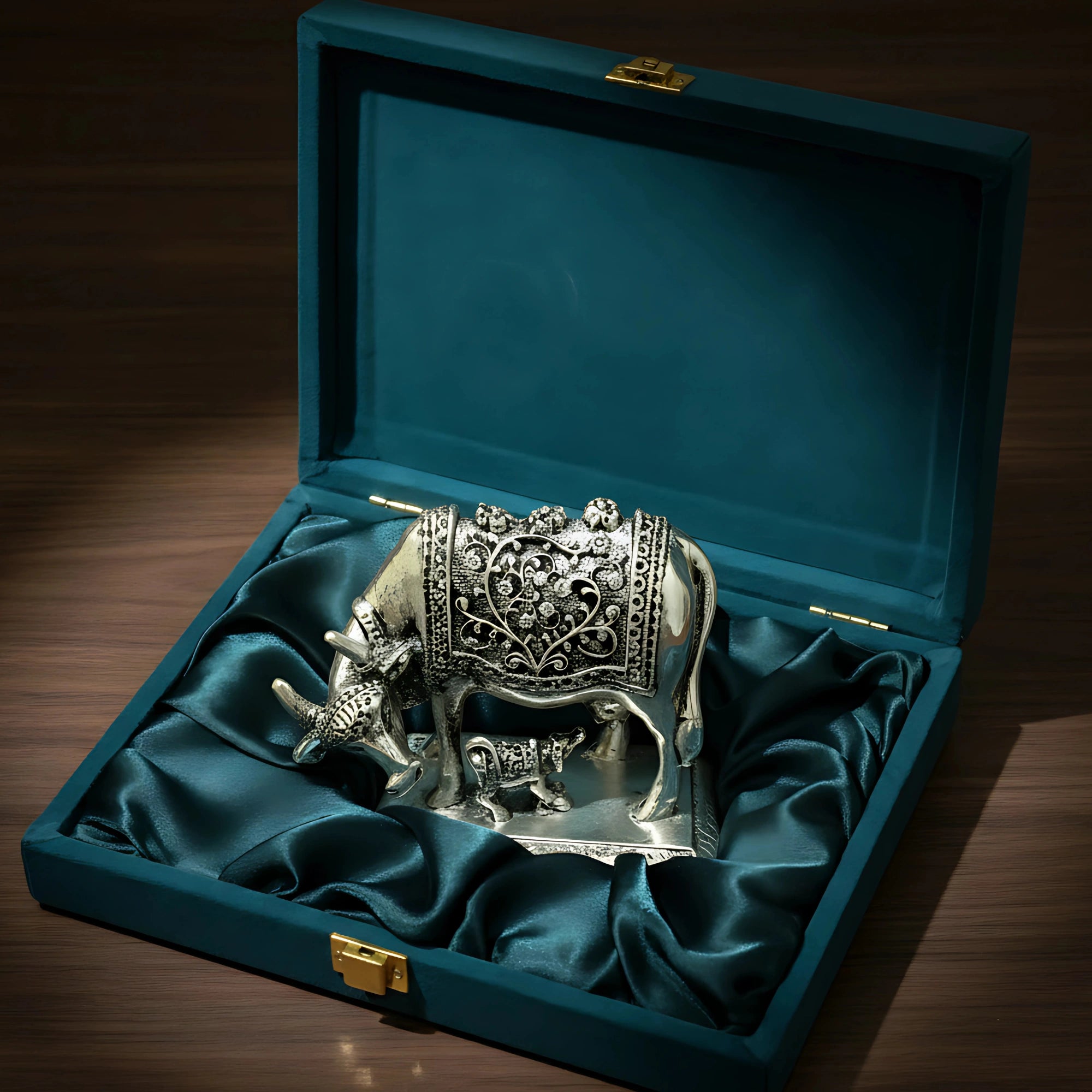 Ornate silver cow and calf figurine in a teal velvet-lined gift box on wooden surface