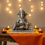 Ganesha Idol Silver Plated sitting with cushion