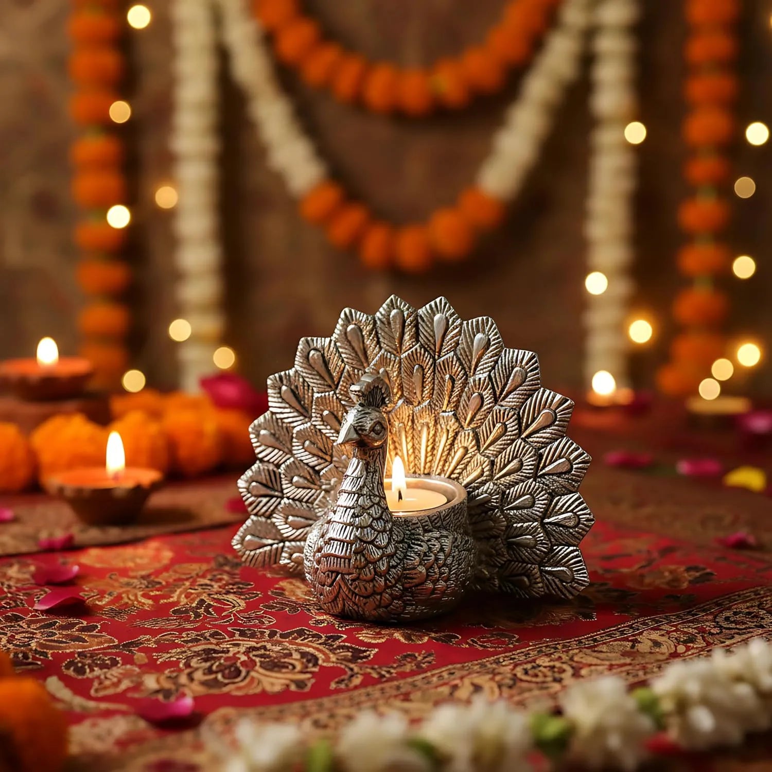 Silver peacock tealight candle holder on a red patterned cloth with marigold garlands and diyas in the background