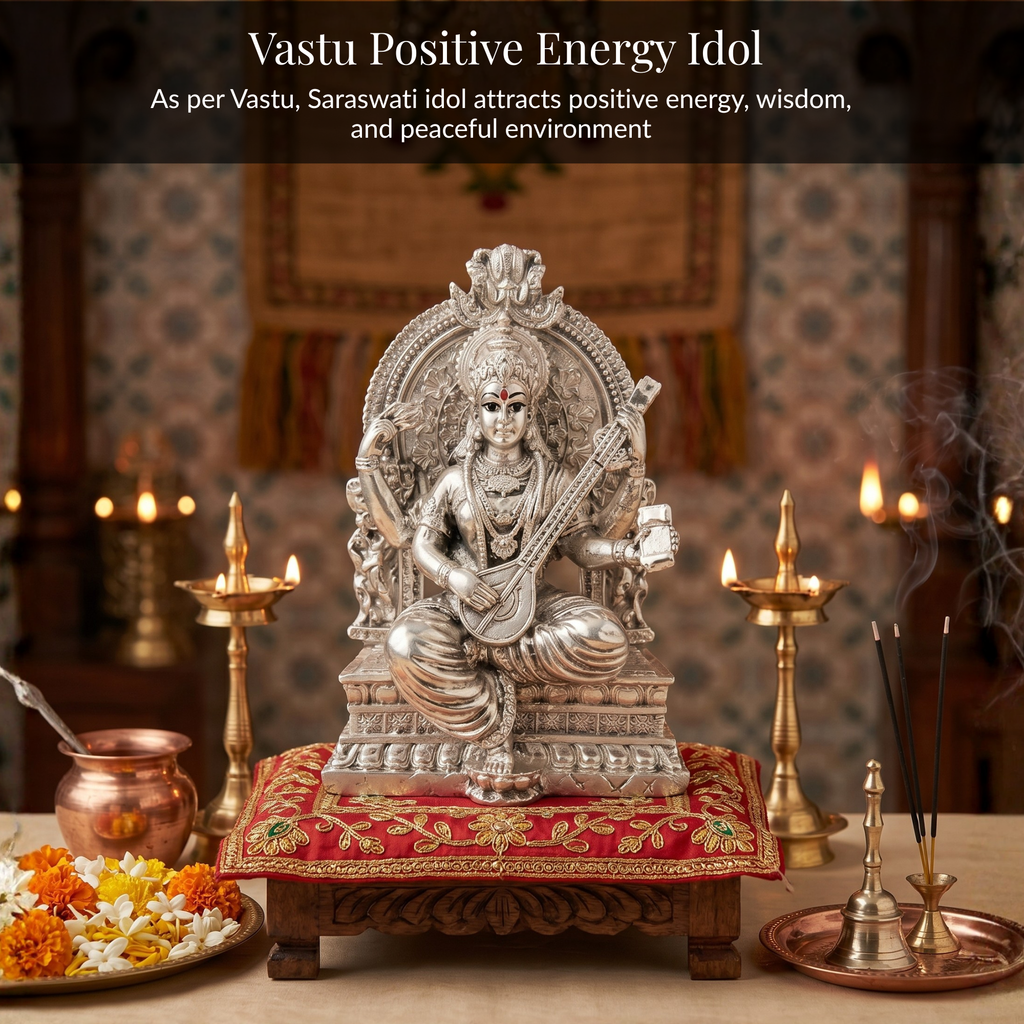 Silver-Plated Saraswati Idol | 3.7 inch