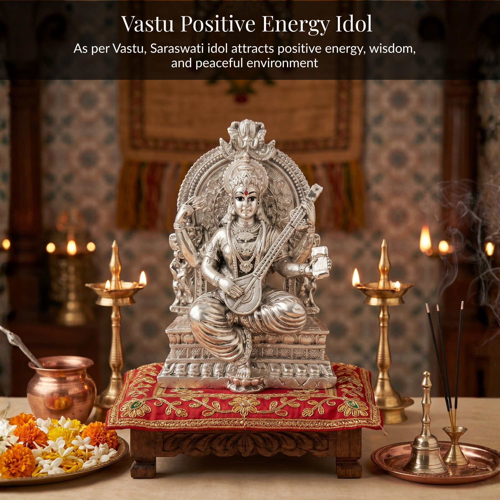 Silver-Plated Saraswati Idol | 3.7 inch