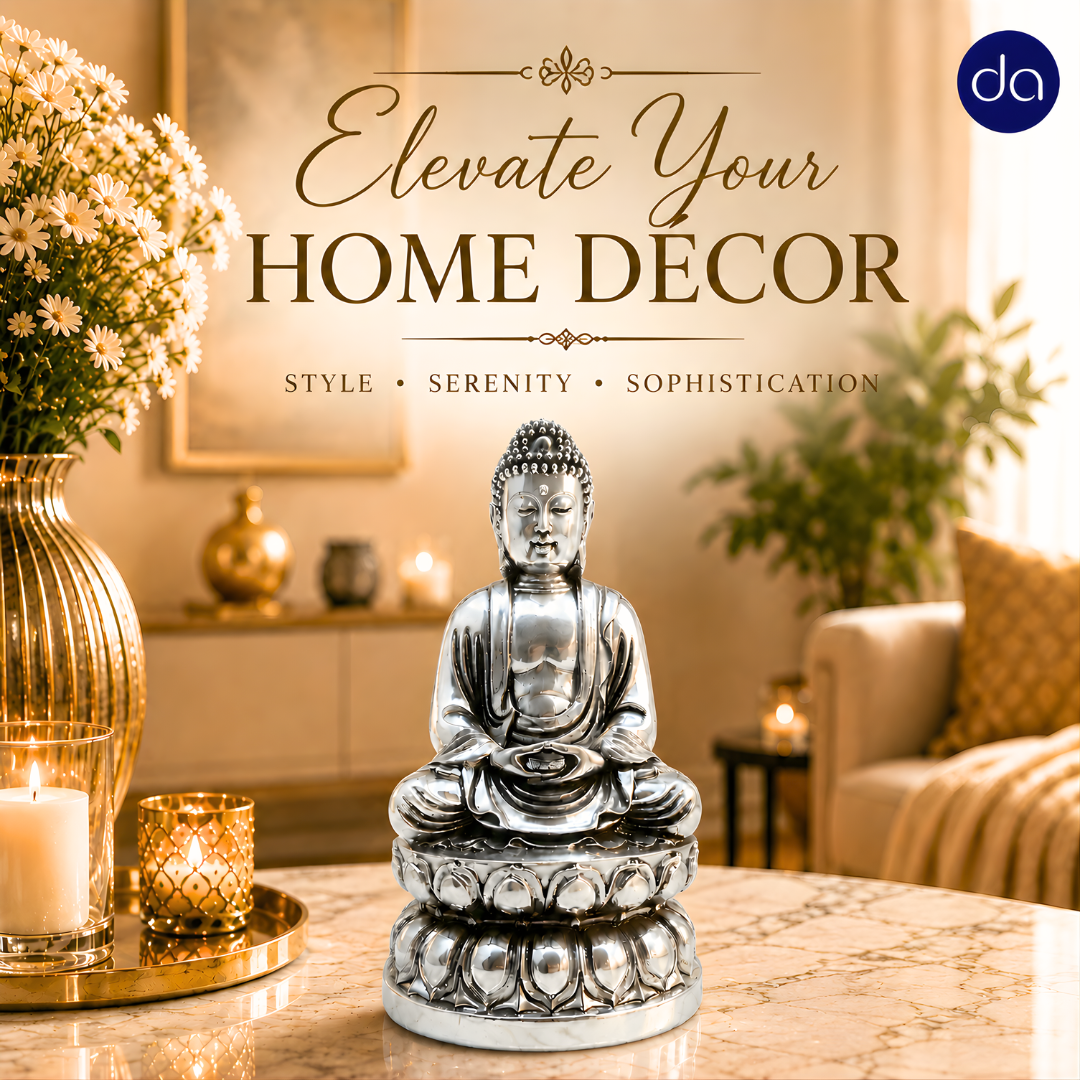 Buddha silver-plated idol on marble table with candles and flowers, elevate your home decor