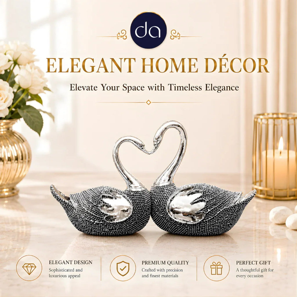 Silver-plated swan lovebirds with heart-shaped necks, elegant home decor scene with roses and candle
