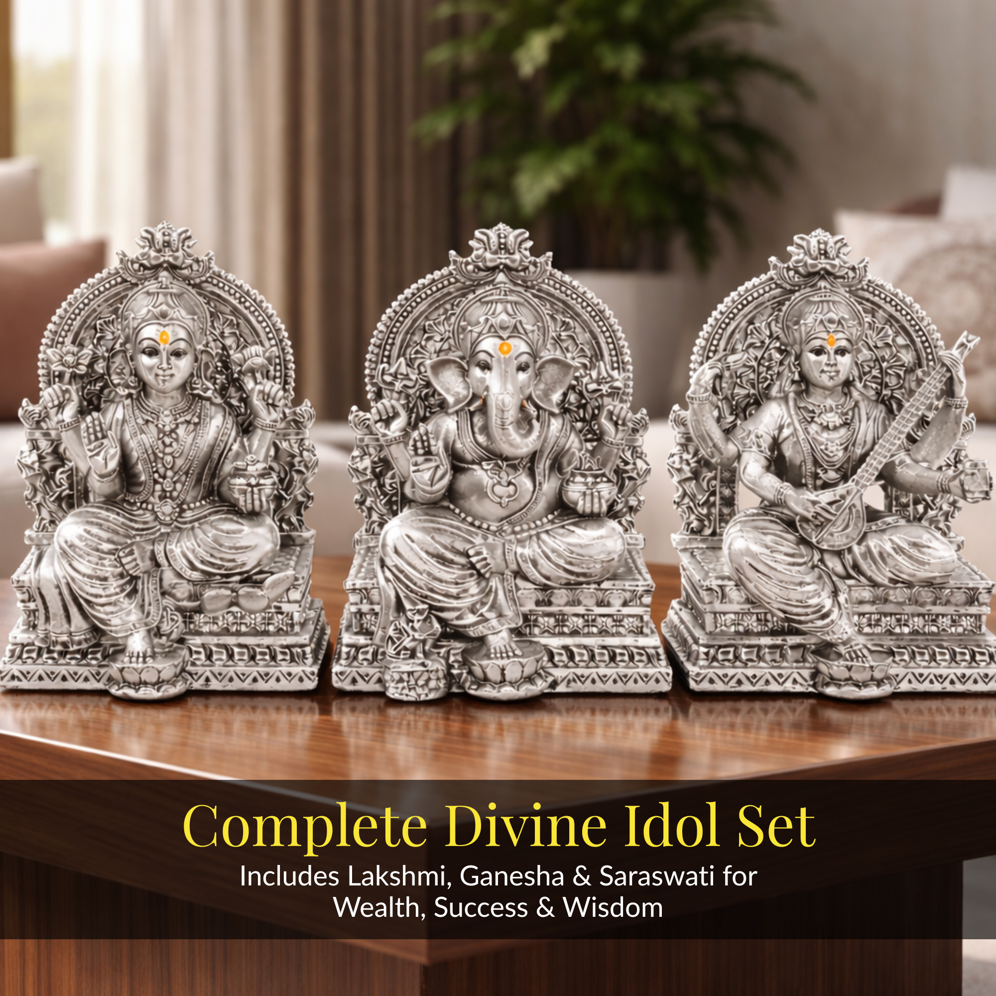 Lakshmi Ganesh Saraswati Silver-Plated Idol Set | Standard (3.7")