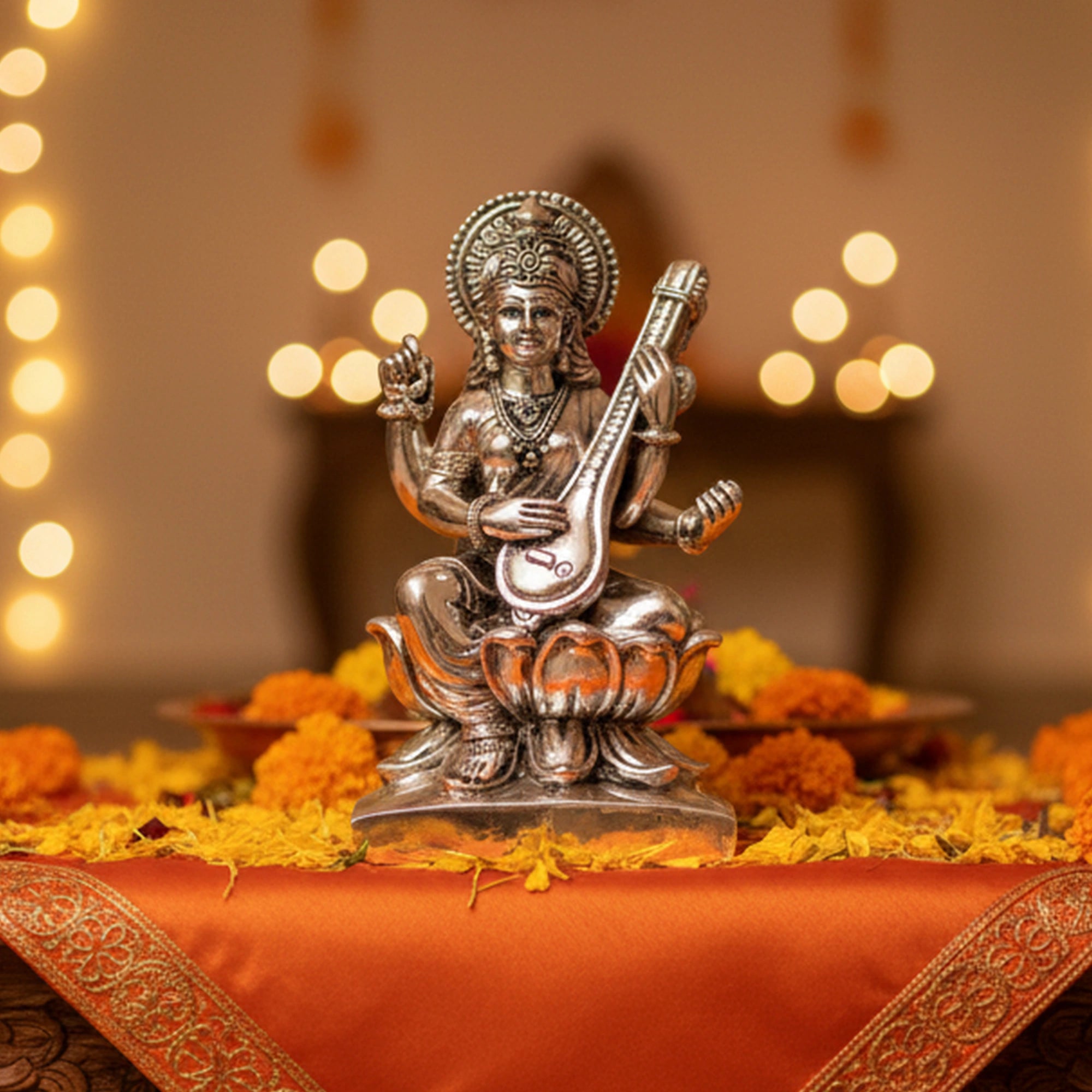 Maa Saraswati Silver-Plated Idol