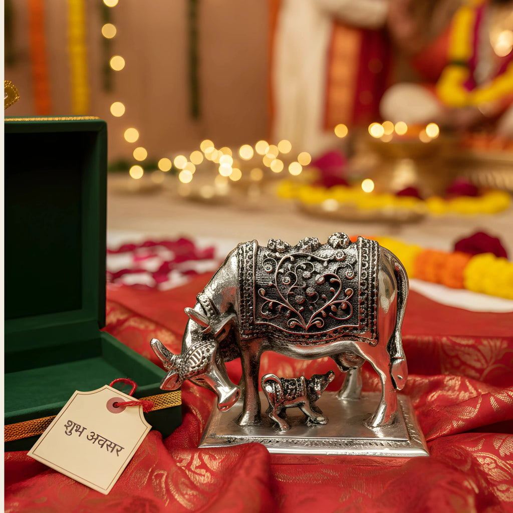 Decorative silver cow statue with calf on red fabric, Indian festive setting with lights and flowers