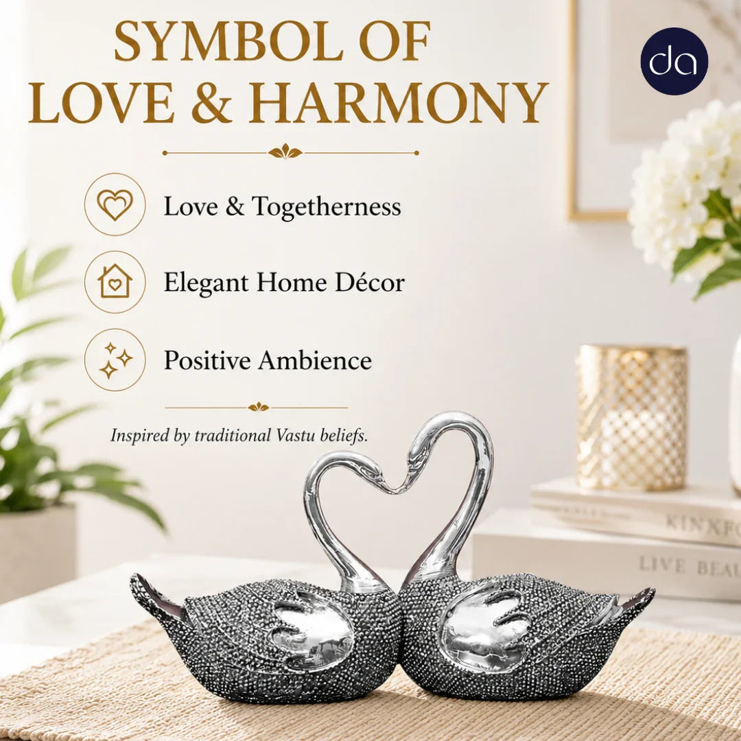 Swan lovebirds pair on jute mat as symbol of love and harmony, Vastu-inspired home decor