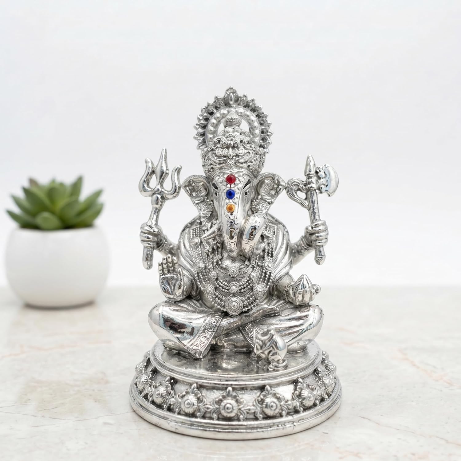 Trishul Ganesh Silver Plated Idol (3")