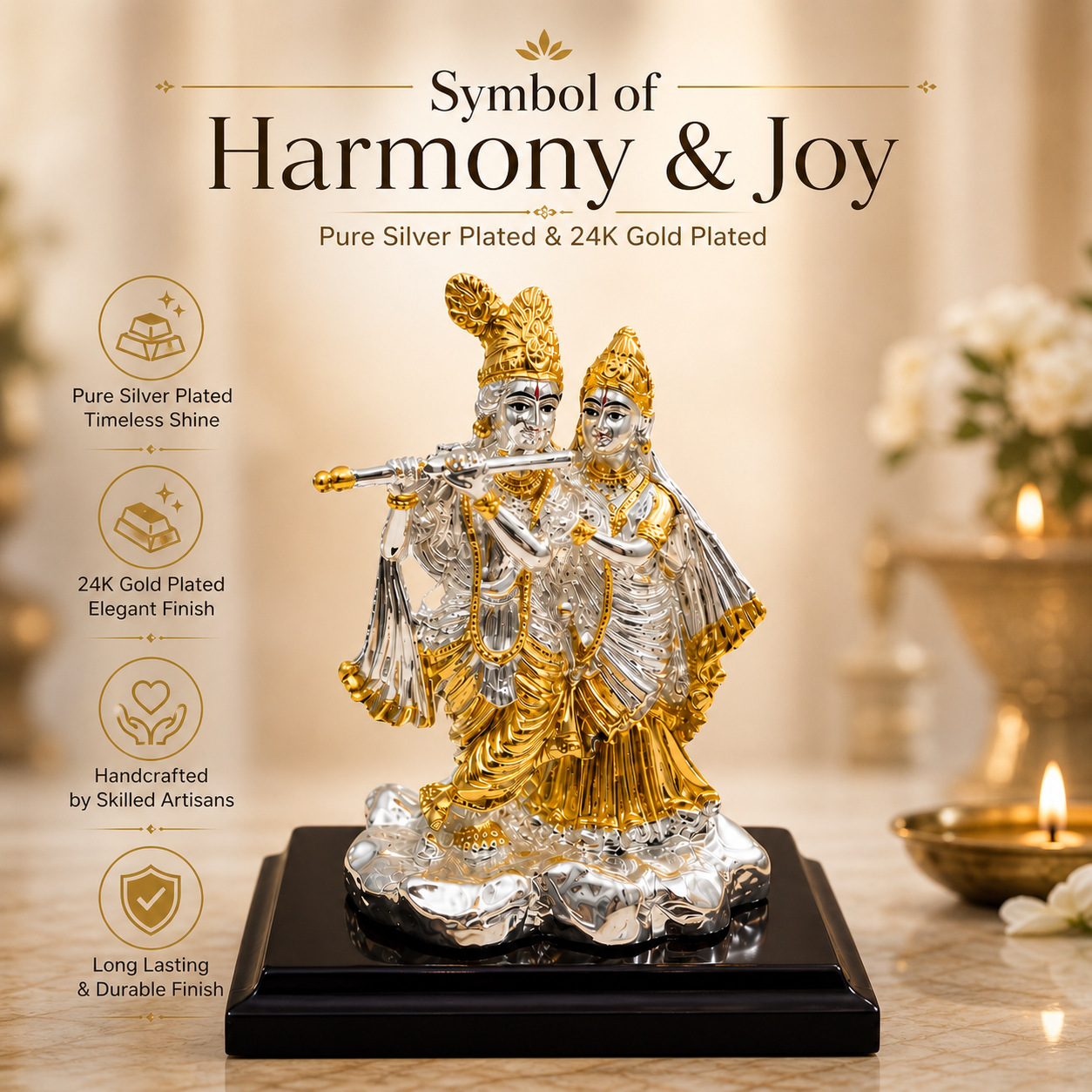 Radha Krishna Silver-Plated Idol (3.7")