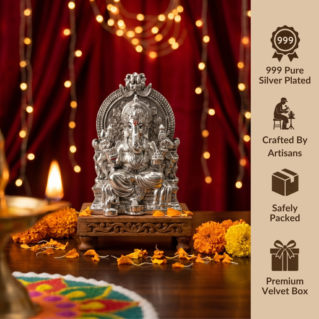 Throne Ganesha Silver-Plated Idol (3.7")