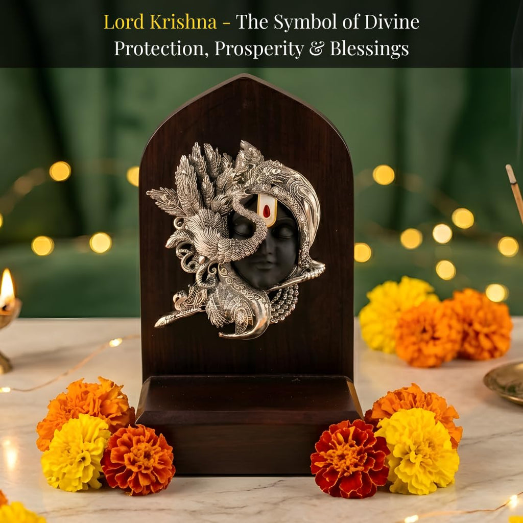 Silver Plated Shringar Krishna Face Idol with Wooden Base – 6 Inch