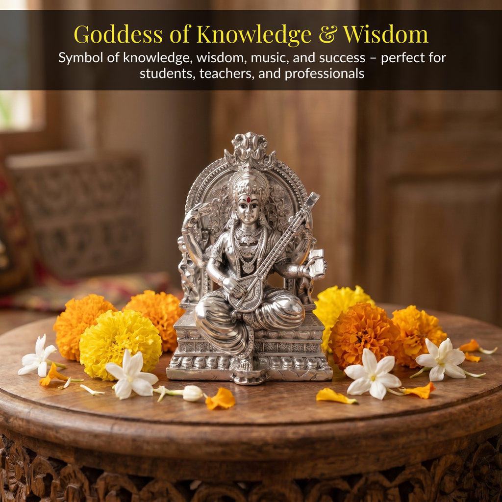 Silver-Plated Saraswati Idol | 3.7 inch