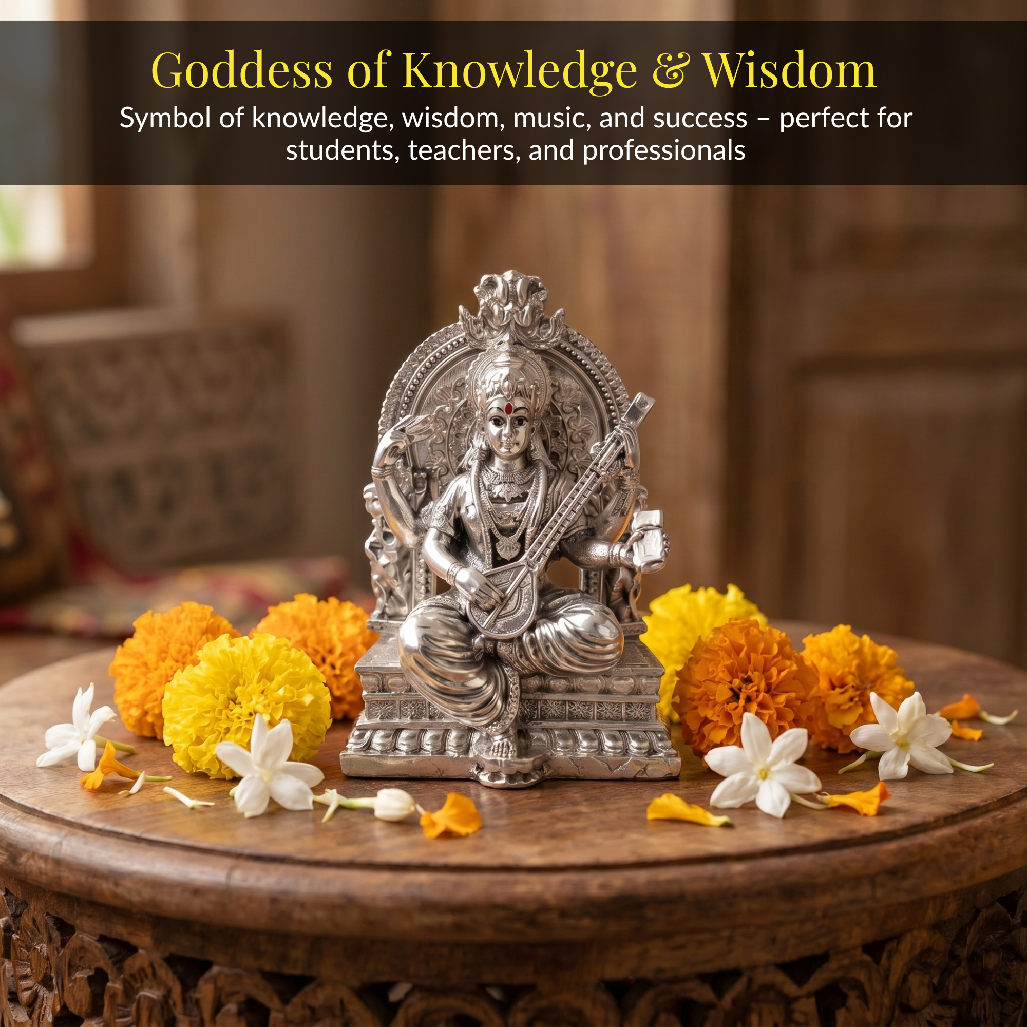 Silver-Plated Saraswati Idol | 3.7 inch
