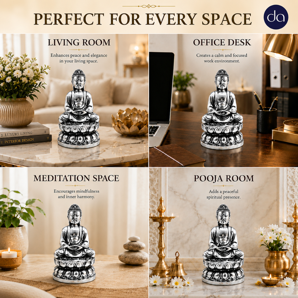 Buddha silver-plated idol collage in living room, office desk, meditation space and pooja room