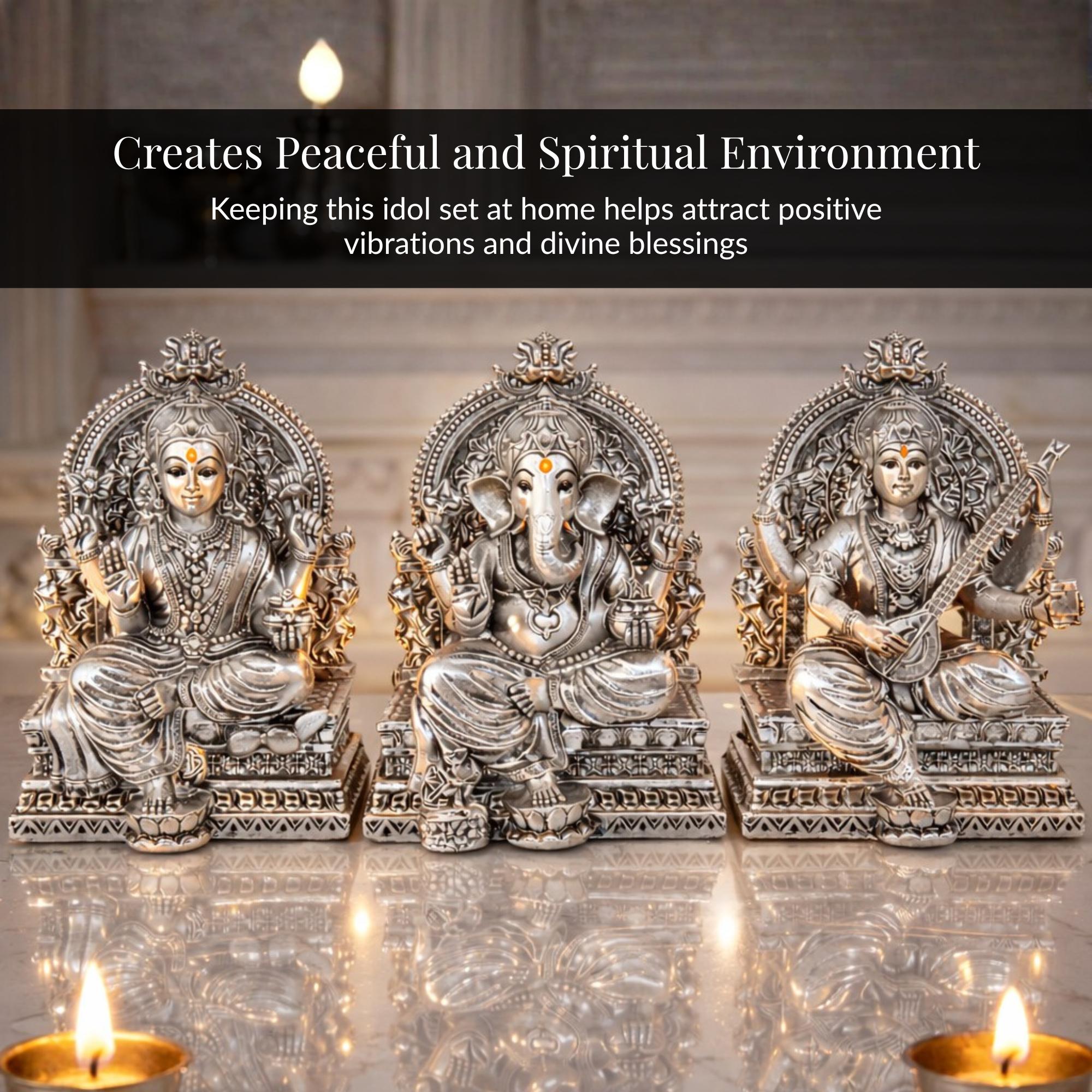 Lakshmi Ganesh Saraswati Silver-Plated Idol Set | Standard (3.7")