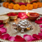 Silver feng shui tortoise statue on decorative brass plate with rose petals, oil lamp, rice, and red powder