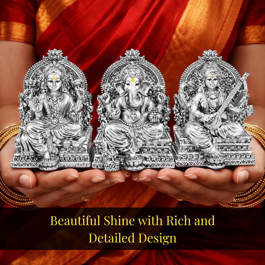 Lakshmi Ganesh Saraswati Silver-Plated Idol Set | Standard (3.7")