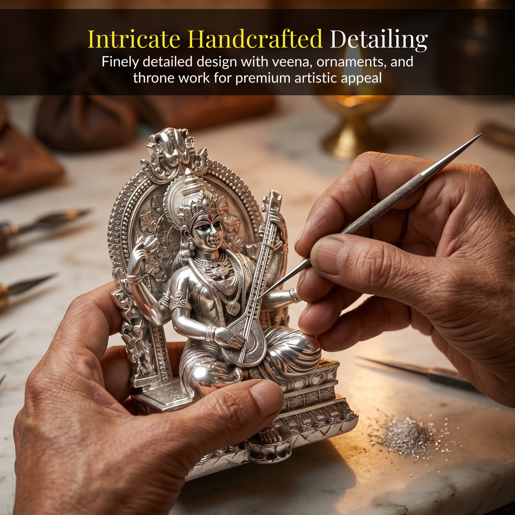 Silver-Plated Saraswati Idol | 3.7 inch