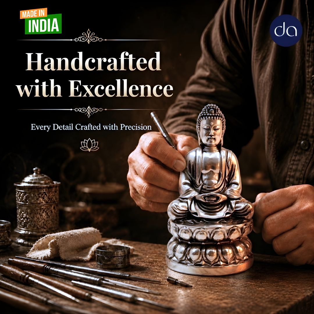 Artisan hand-finishing meditating Buddha silver-plated idol, handcrafted in India