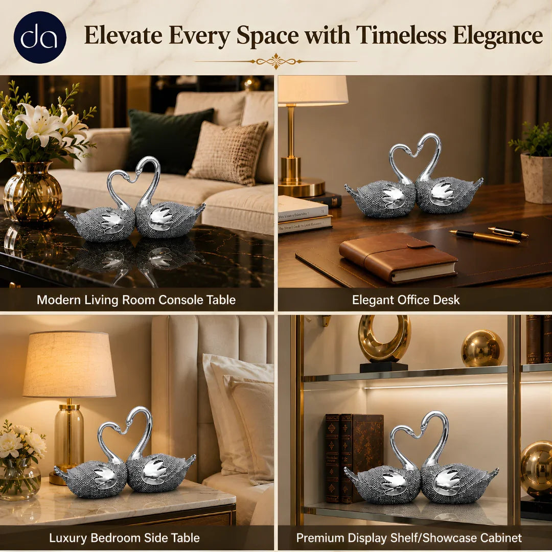 Silver-plated lovebirds swan pair styled on console table, office desk, bedside table and shelf