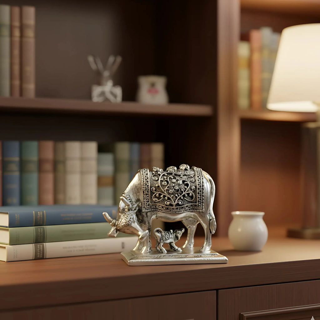 Silver decorative cow and calf statue on wooden bookshelf with books and lamp