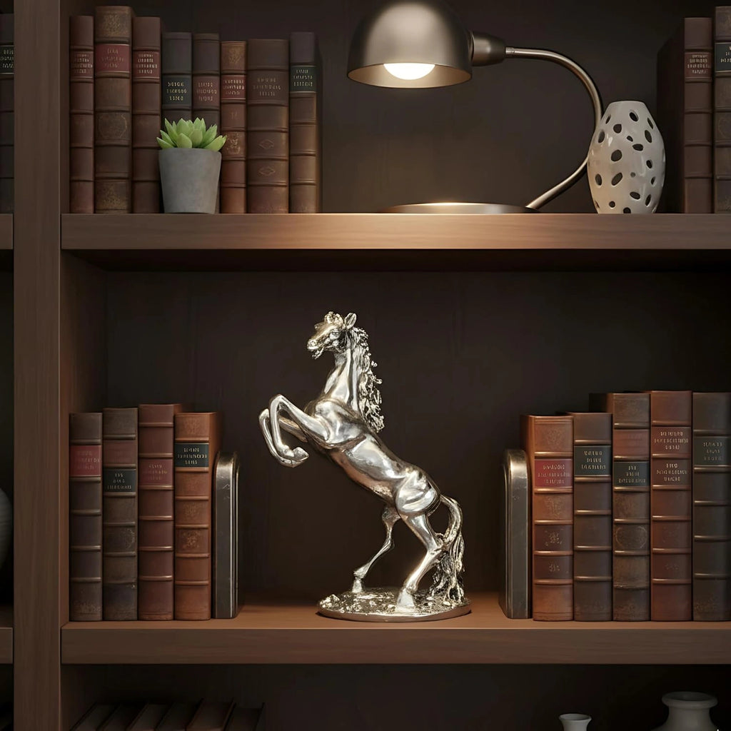 Silver rearing horse statue on wooden bookshelf with classic leather-bound books