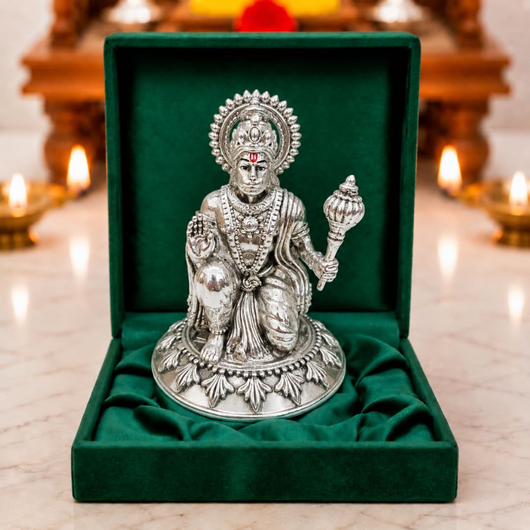 Seated Hanuman silver-plated idol with gada on lotus base, in green velvet gift box