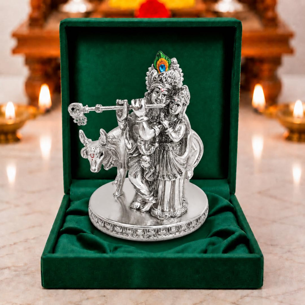 Radha Krishna with cow silver-plated idol, 4 inch, in premium gift box