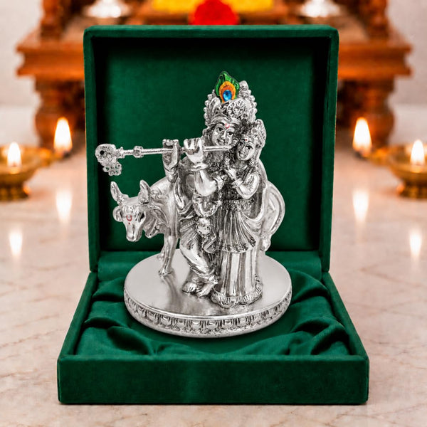 Radha Krishna with cow silver-plated idol, 4 inch, in premium gift box