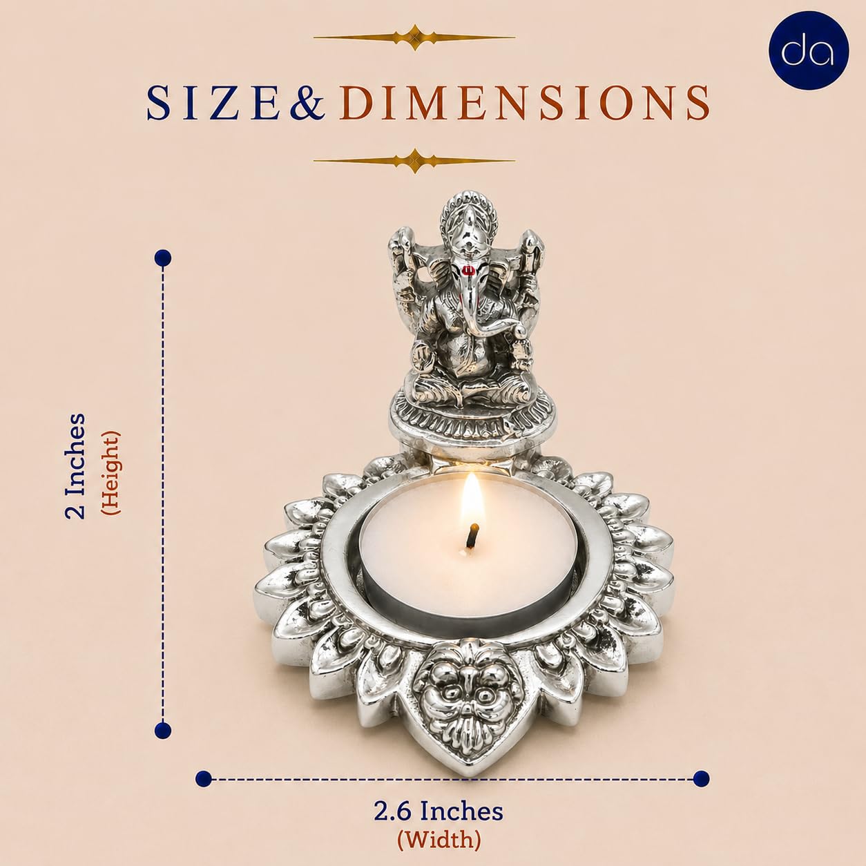 Size chart for the Lakshmi Ganesha diya: 2 inches tall and 2.6 inches wide