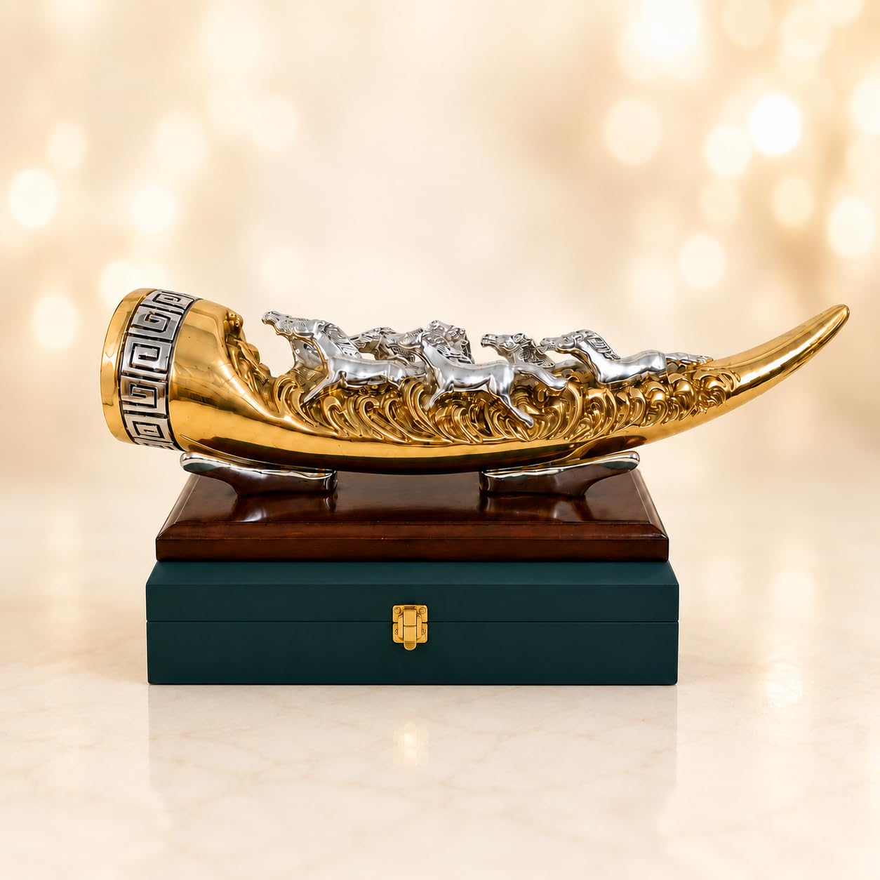 999 Silver & 24K Gold Plated 7 Running Horse Showpiece – 12 Inch Vastu Decor