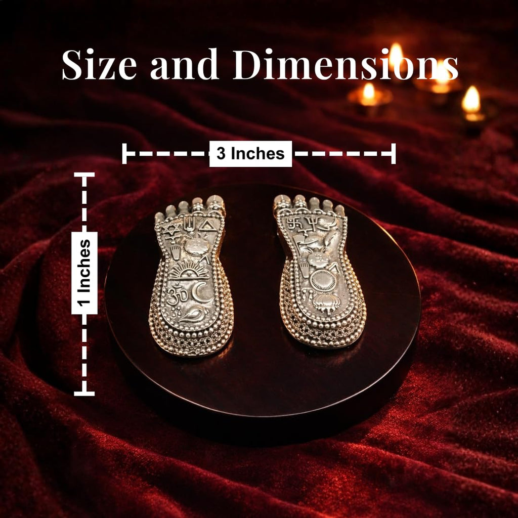 Size chart on red velvet: charan paduka three inches wide and one inch tall #3-inch #dim