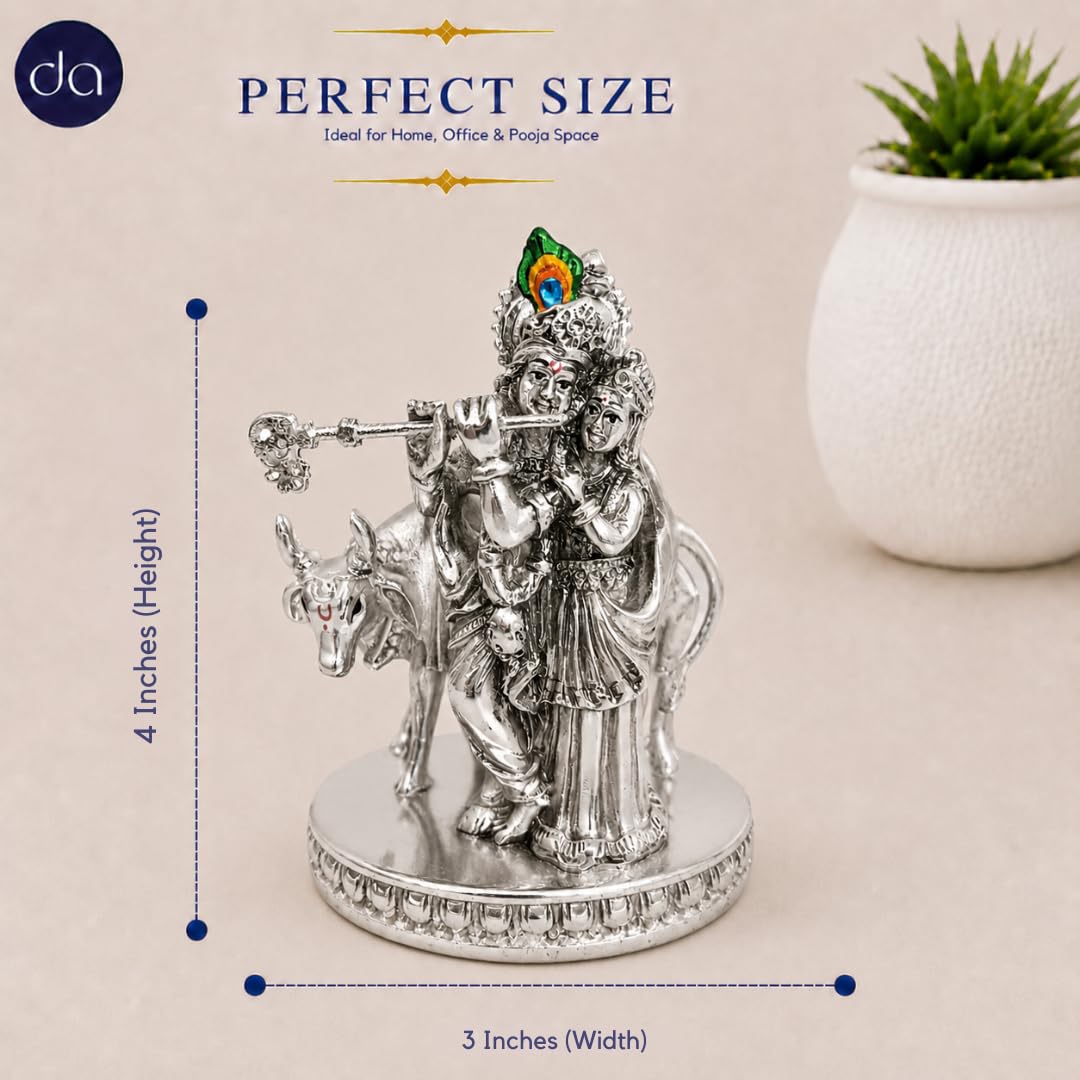 Radha Krishna with cow silver-plated idol shown from the front