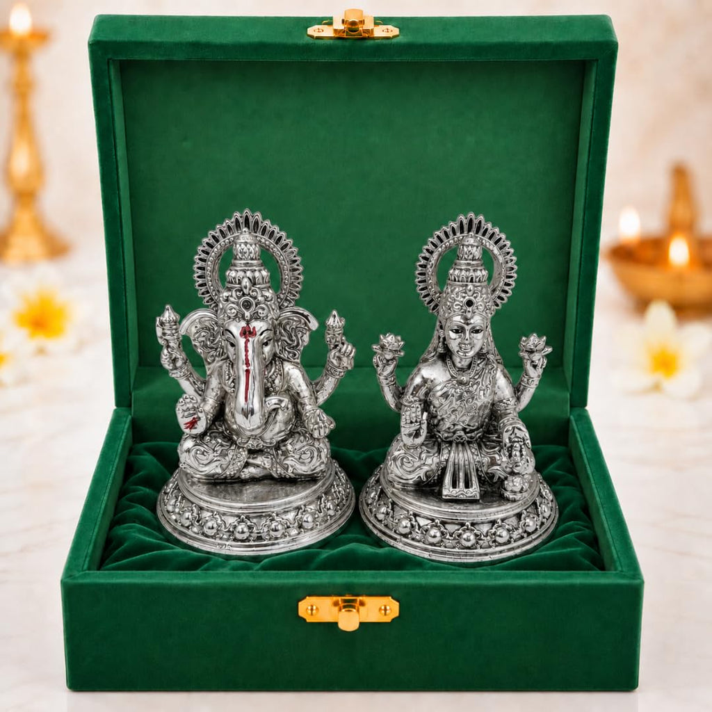 Big crown Lakshmi Ganesh silver-plated idol set, 3.5 inch, in gift box