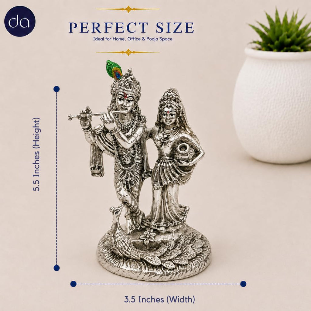 Silver-plated Radha Krishna idol with peacock, front view