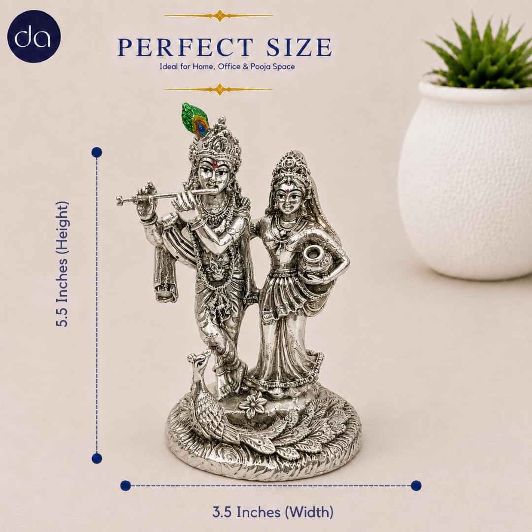 Silver-plated Radha Krishna idol with peacock, front view