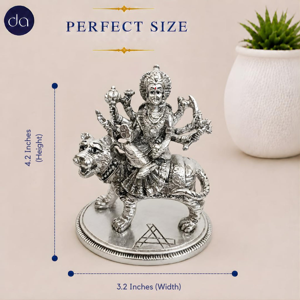 Silver-plated Durga Maa seated on tiger, front view