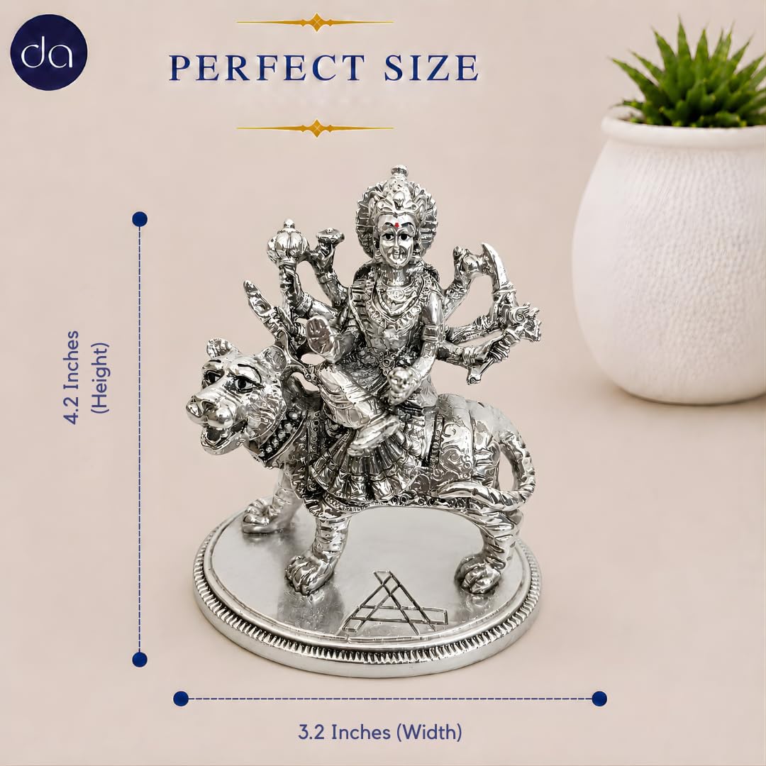 Silver-plated Durga Maa seated on tiger, front view