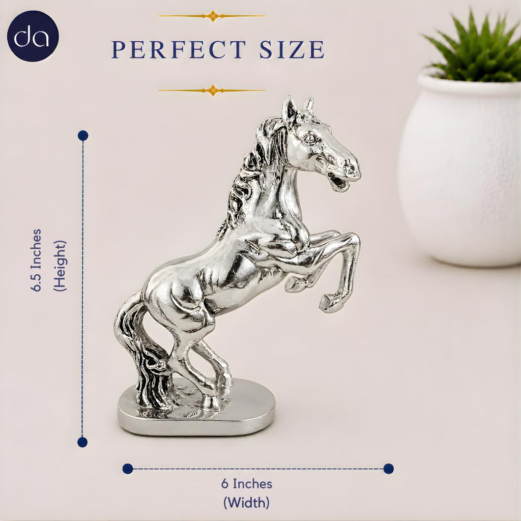 999 silver-plated rearing horse statue, front legs raised, on an oval base