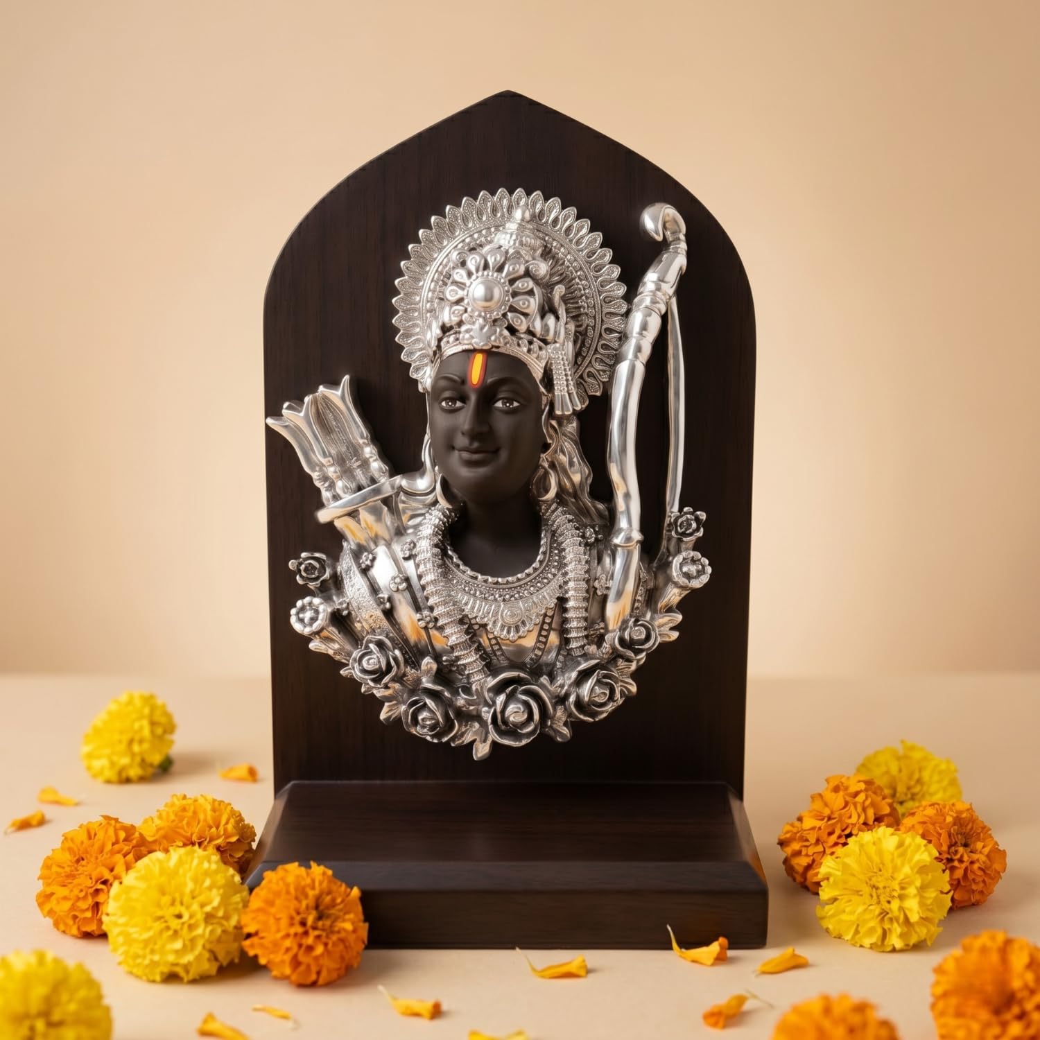 Silver Plated Shri Ram Face Idol with Wooden Base – 6 Inch