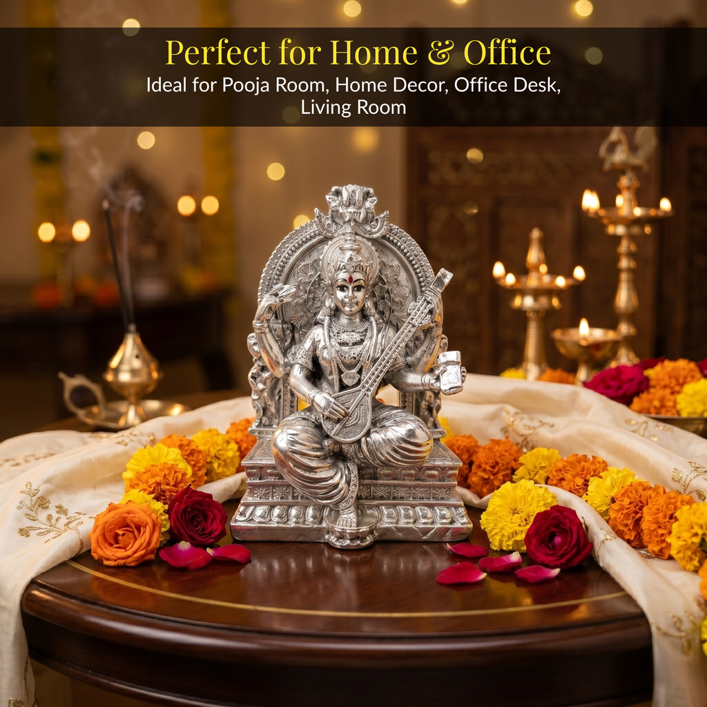 Silver-Plated Saraswati Idol | 3.7 inch