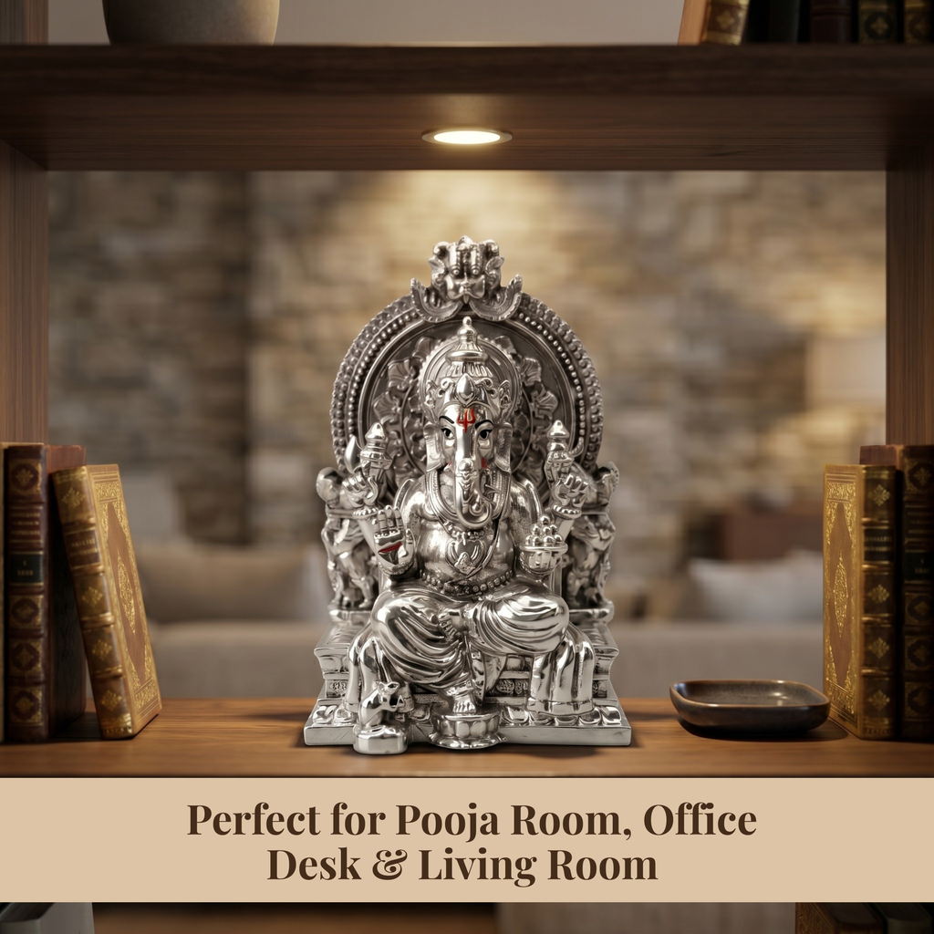Throne Ganesha Silver-Plated Idol (3.7")