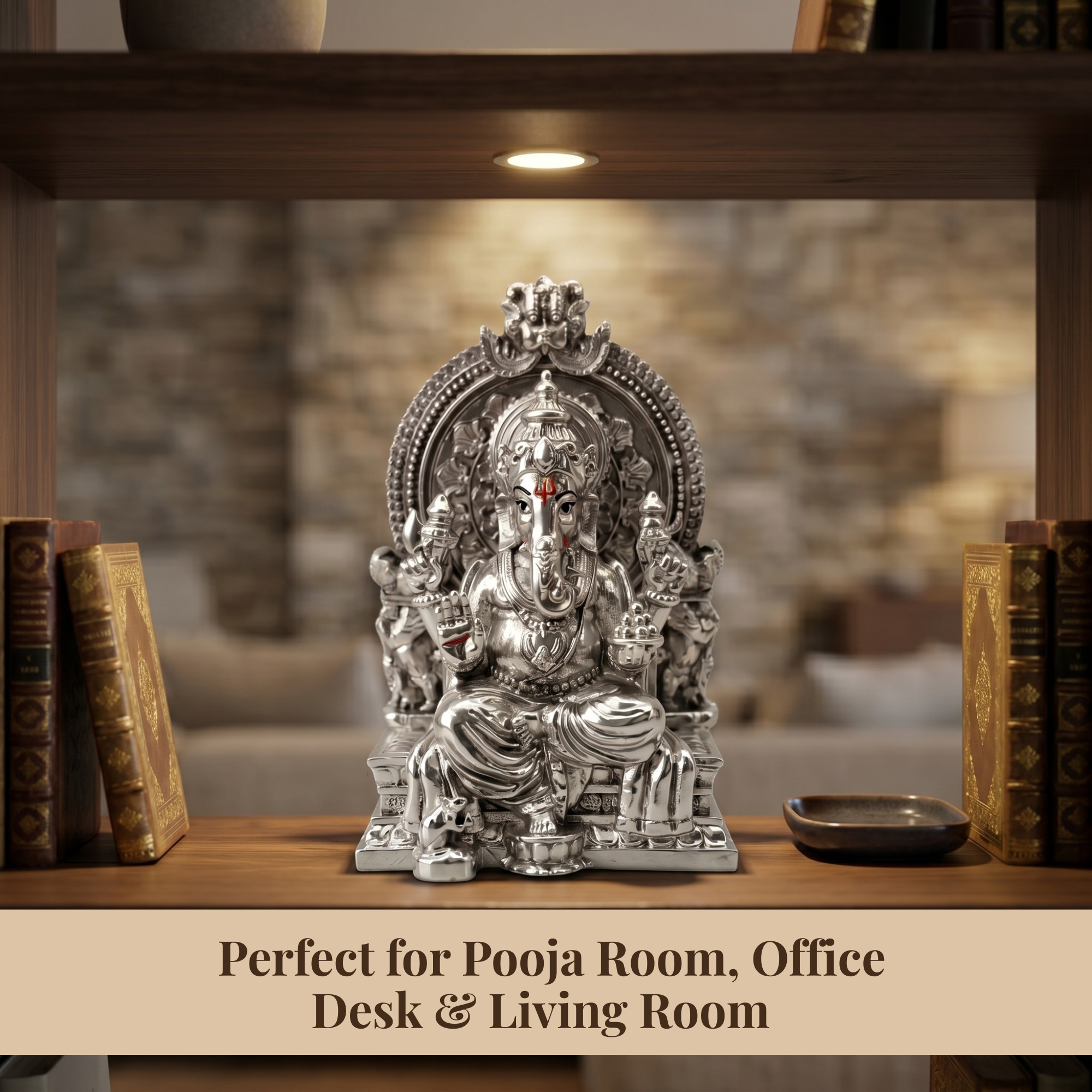 Throne Ganesha Silver-Plated Idol (3.7")