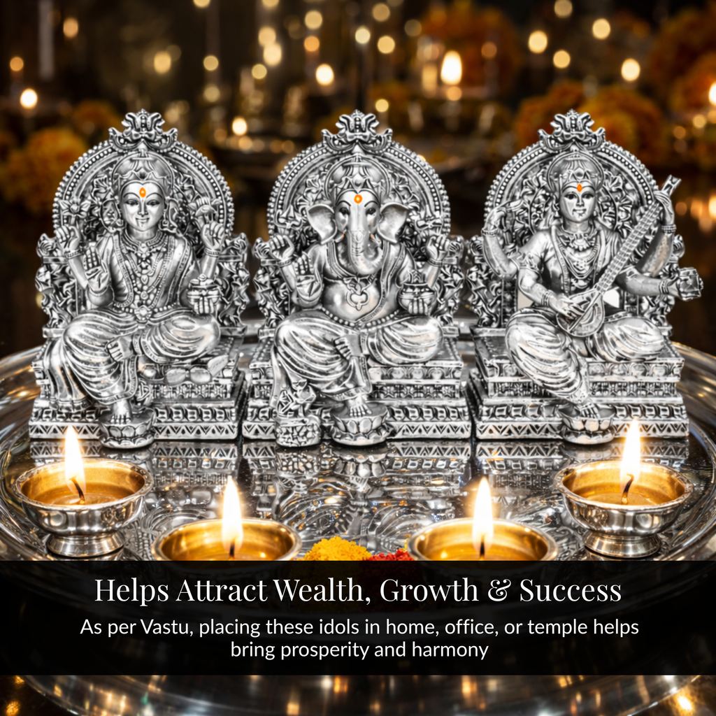 Lakshmi Ganesh Saraswati Silver-Plated Idol Set | Standard (3.7")