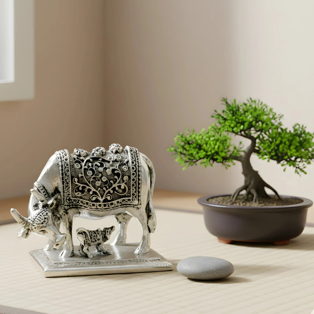 silver decorative cow and calf statue with floral designs on wooden table near bonsai tree and stone